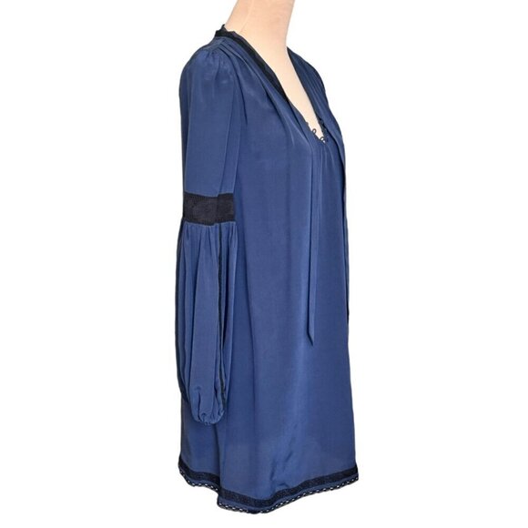 Joie Boho Silk Shift Mini Dress Sz.S Blue Lace Tie Neck Bell Sleeve Whimsigoth - Picture 3 of 14